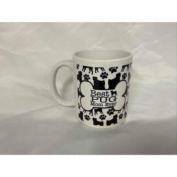 THATWEAR BEST PUG MOM EVER WHITE CERAMIC WITH BLACK PAWS PUGS COFFEE TEA MUG - Picture 1 of 7